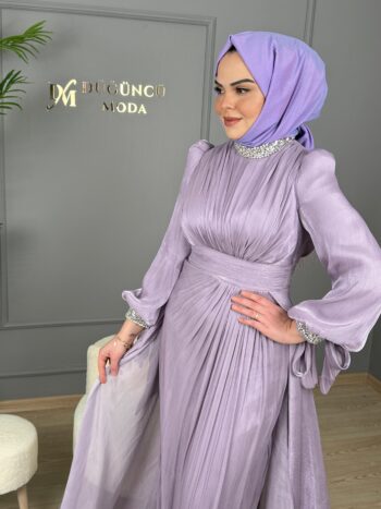 Suenna Kol Ve Yaka Taş Detaylı Abiye Elbise-FİRUZE