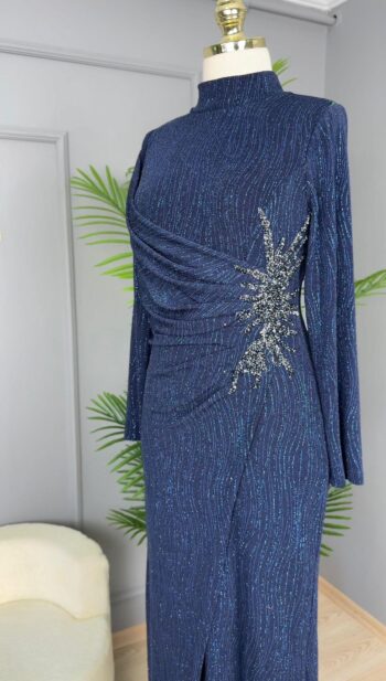 Tane Sol Beli Taş Detaylı Abiye Elbise-4686