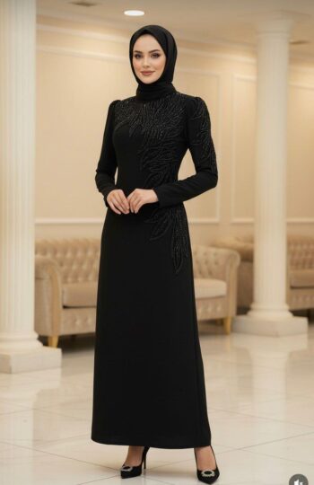 Çınar Özkan Yanı Taş Detaylı Kalem Abiye Elbise-5135
