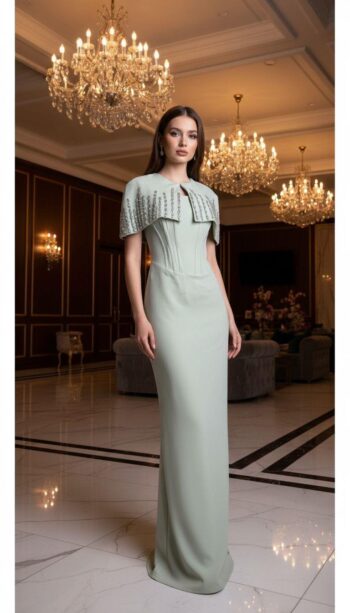 Ecrin Pelerinli Taşlı Abiye Elbise-5840