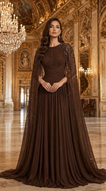 Kenzel Kolları Pelerin Taş Detaylı Abiye Elbise-26159