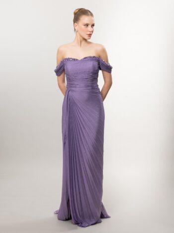 Kenzel Yaka Taş Detaylı Drapeli Abiye Elbise-A26073