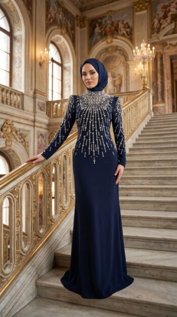 New Elegans İnci Detaylı Abiye Elbise-2434