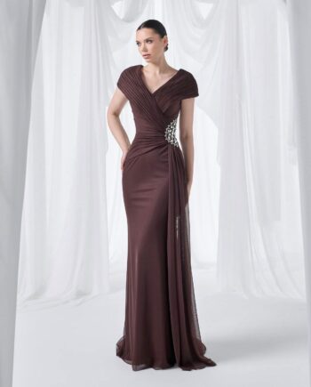 So Lady Beli Taş Detaylı Madonna Yaka Abiye Elbise-4027